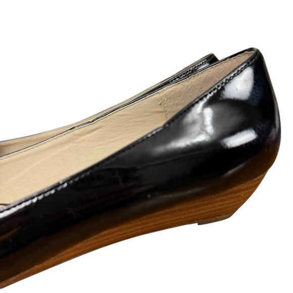 Steve Madden Open Toe Peep Patent Leather Black Stacked Wedge Shoes Pumps sz 8 - Picture 9 of 16